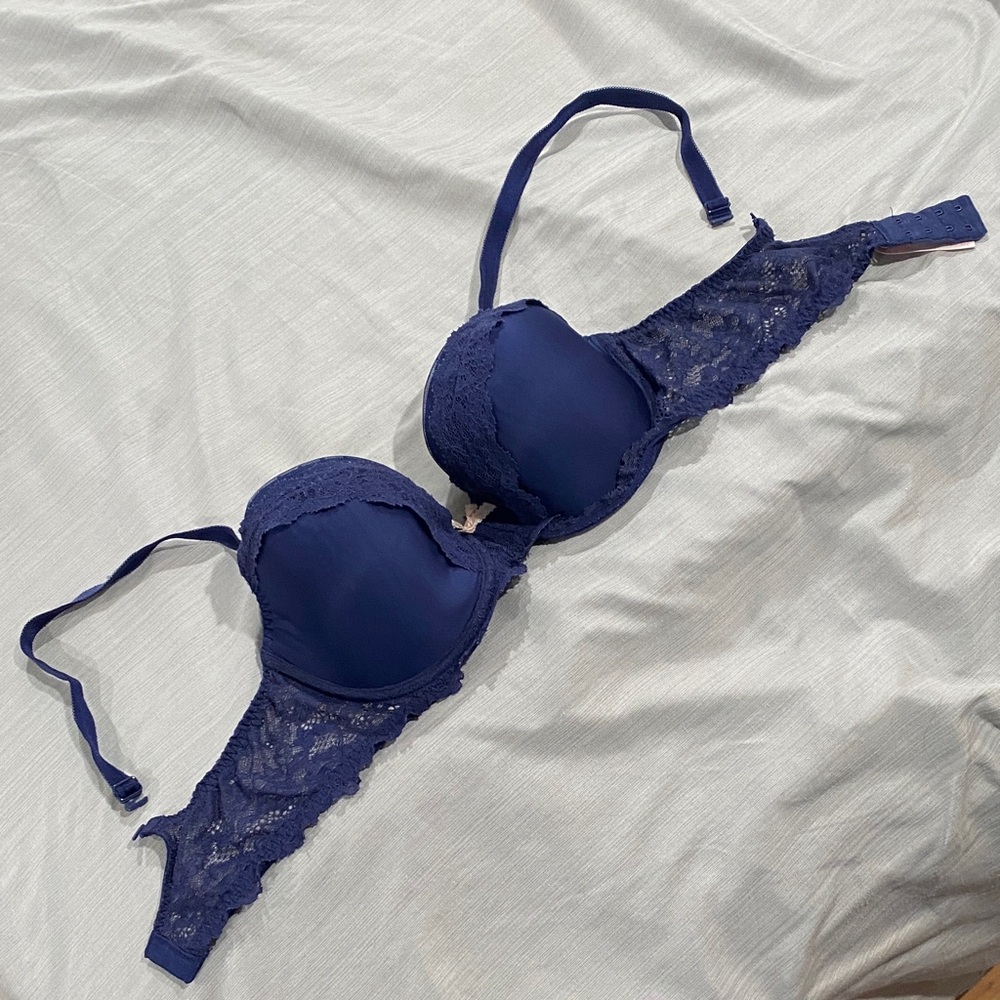 Victoria’s Secret Dream Angela Lined Demi Navy Lace Bra 36D EUC